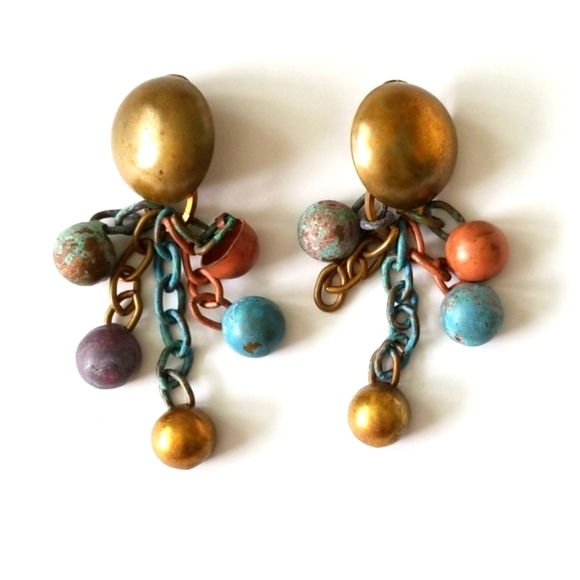Dannah Designer Dangling Clip On Copper Brass Patina Link Handmade Earrings - Picture 2 of 16